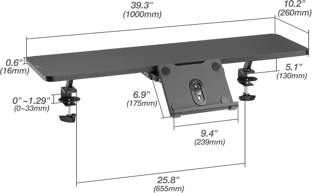 AVLT Clamp Desk Shelf Dual 32' Monitor Clamp-On Monitor Riser With Slide Out Holder For Convertible Laptop Tablet Smartphone (Black) - Floating Monitor Stand (Shelf Only)