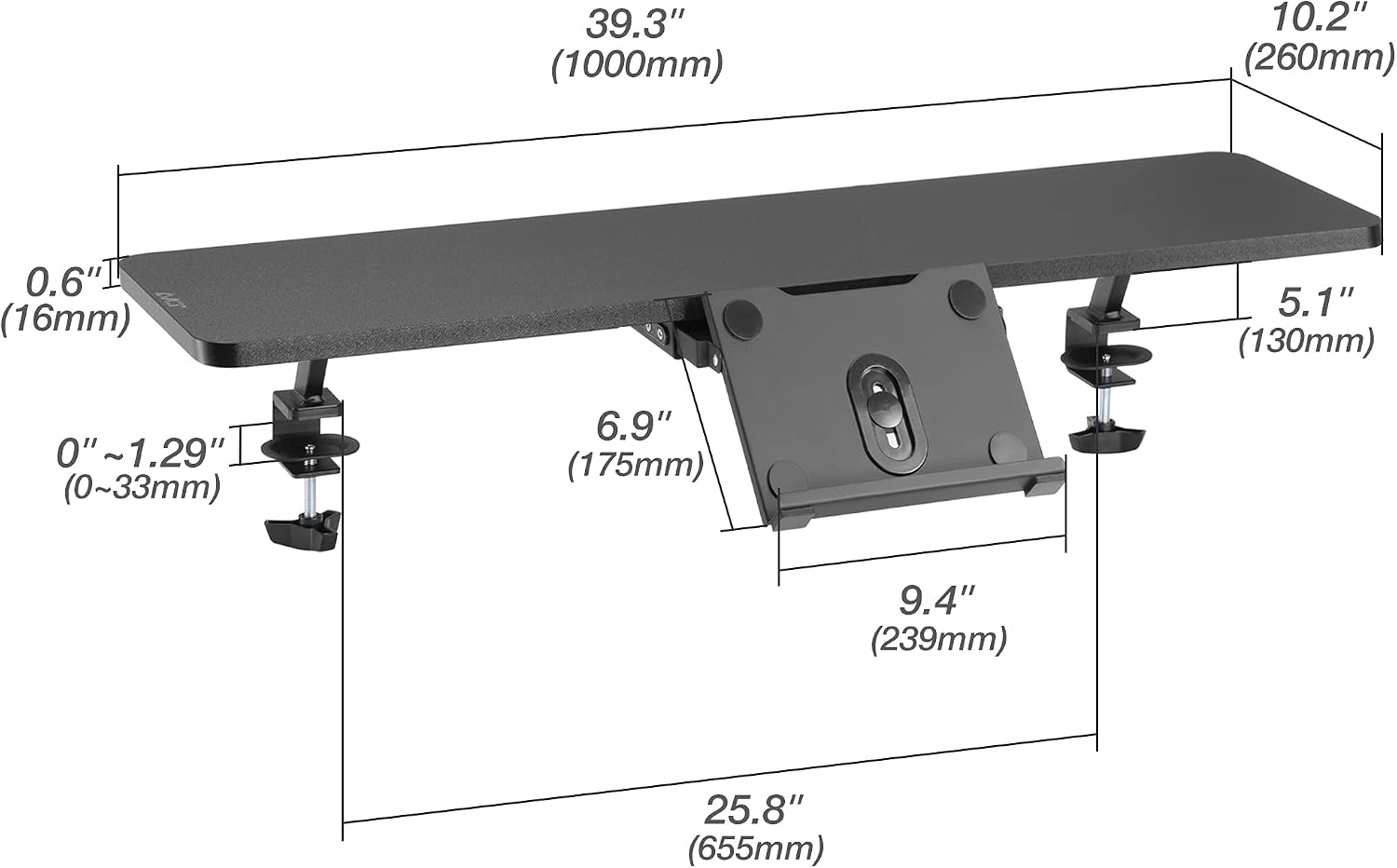 AVLT Clamp Desk Shelf Dual 32' Monitor Clamp-On Monitor Riser With Slide Out Holder For Convertible Laptop Tablet Smartphone (Black) - Floating Monitor Stand (Shelf Only)