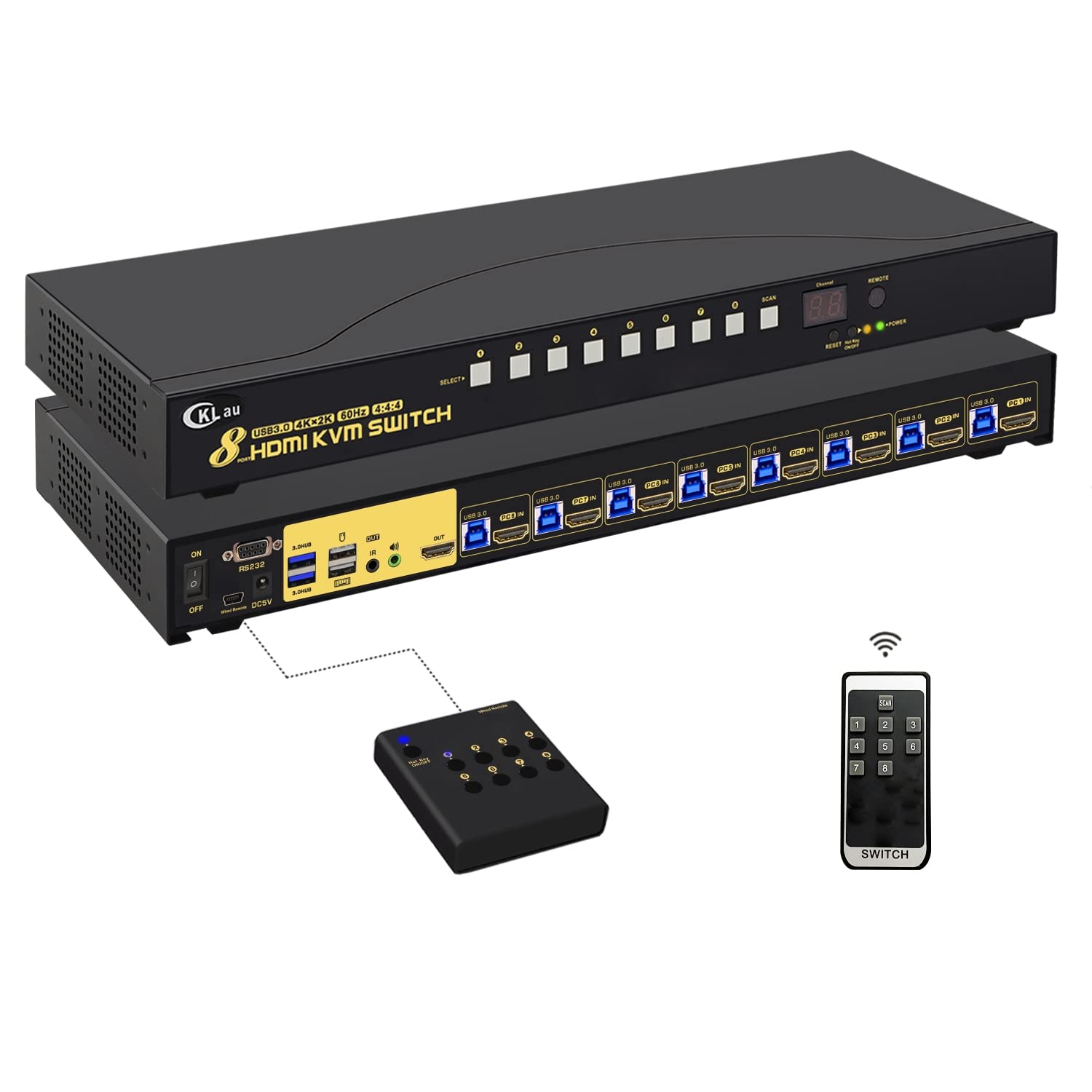 8 Port USB 3.0 Rack Mount HDMI KVM Switch 4K60Hz with Audio, 2 pcs USB 3.0 Hub, and Cables Supports Keyboard Mouse Switching