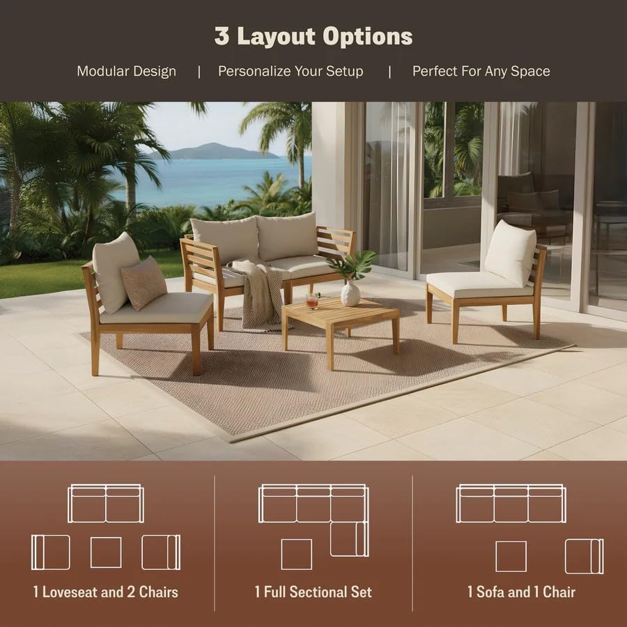 5-Piece Acacia Wood Outdoor Furniture Set, All-Weather Conversational Chat Set with Thick Water-Resistant Cushions, Modern Space-Saving Patio Sofa for Small Balcony, Deck & Backyard, Natural