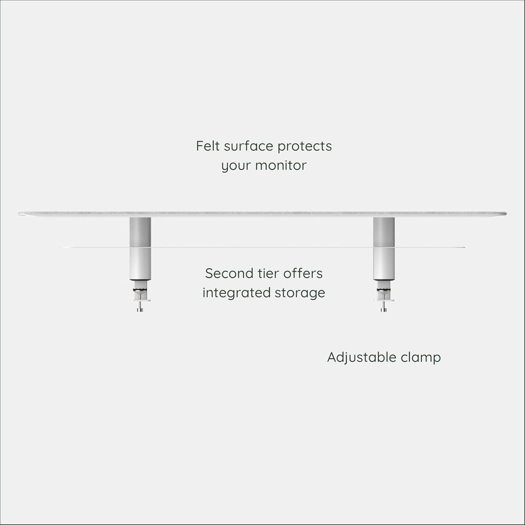 Branch Monitor Stand - Elegant, Durable Powder-Coated Steel Stand with Soft Felt Liner - Large Monitor Riser Second Tier Storage - Installs with a Universal Clamp for Ergonomic Workspace - White