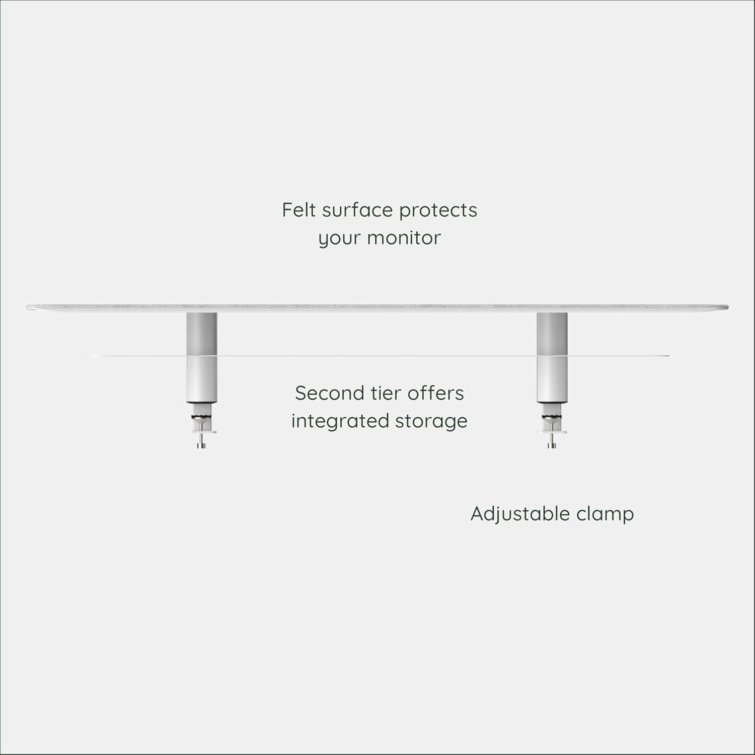 Branch Monitor Stand - Elegant, Durable Powder-Coated Steel Stand with Soft Felt Liner - Large Monitor Riser Second Tier Storage - Installs with a Universal Clamp for Ergonomic Workspace - White