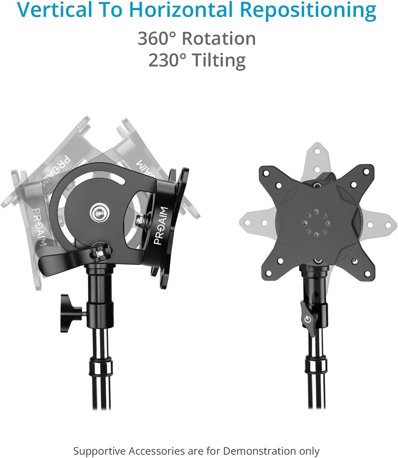 PROAIM 360° Rotation (75mm/100mm) Tilting Monitor Mount. Comes with a 5/8' Baby Pin Receiver. Tilt Range: 230°. Payload up to 22kg / 50lb (P-ROTN-01)