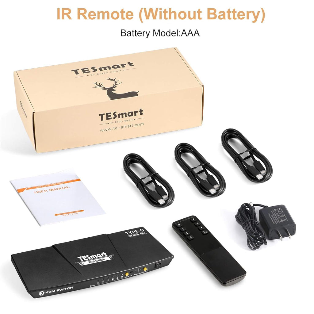 TESmart USB-C KVM Switch 3 in 1 Out, for 3 Computers and 1 Monitors, Type-C KVM, 4k@60 Hz, Supply Power to The Laptop Connected to Port 1