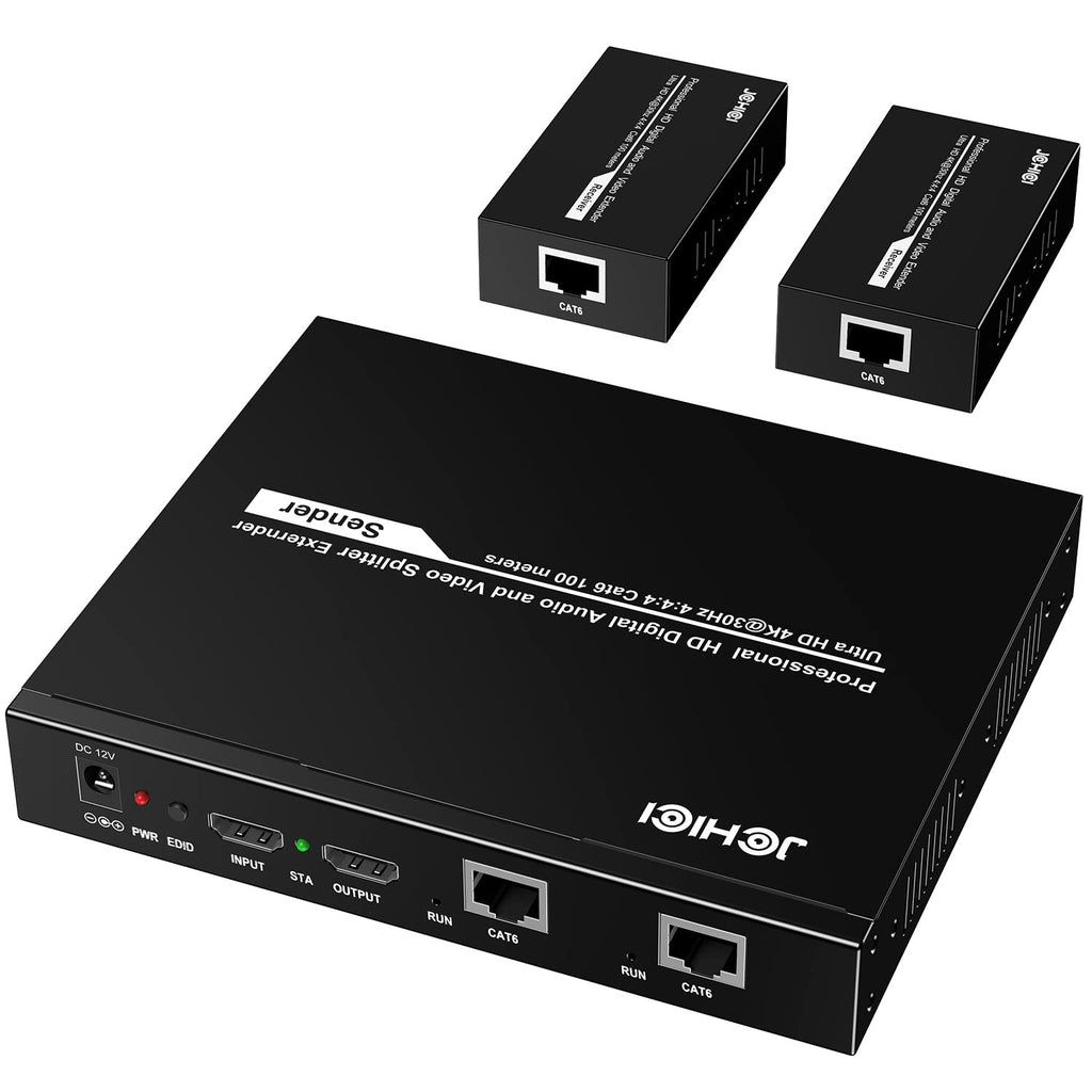 HDMI Extender Splitter 1 x 2, JCHICI 4K@30Hz 100M(328fts) HDMI Splitter with Loopout and EDID Copy Function, Lossless Transmission and Zero Latency, Support 3D