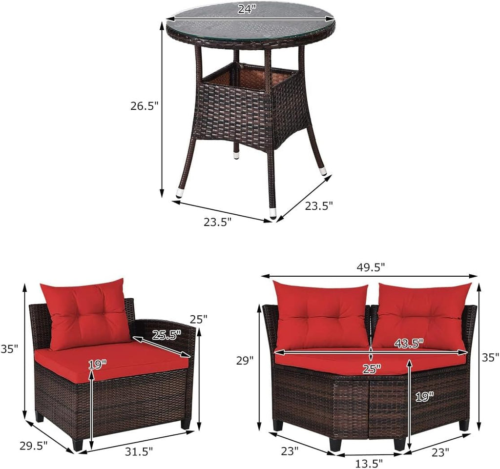 HAPPYGRILL 4 Pieces Rattan Patio Conversation Set, Outdoor Wicker Furniture Set with Cushioned Sofas and Coffee Table, L-Shape Sectional Curved Sofa Set for Garden Poolside Balcony