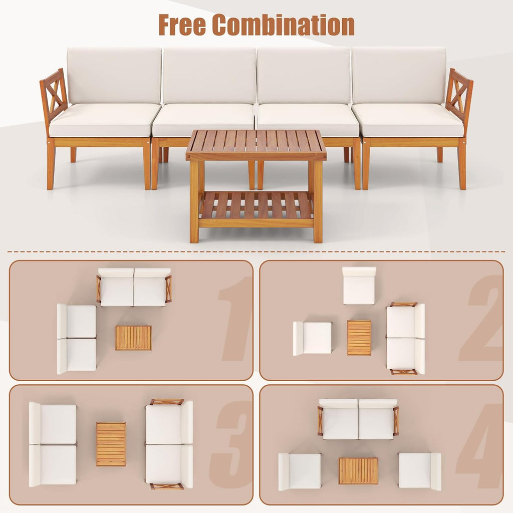 Tangkula 5 Pieces Acacia Wood Patio Furniture Set, Outdoor Sectional Conversation Set with Cushions and 2-Tier Coffee Table, Outdoor Bistro Furniture Set for Garden, Backyard and Poolside