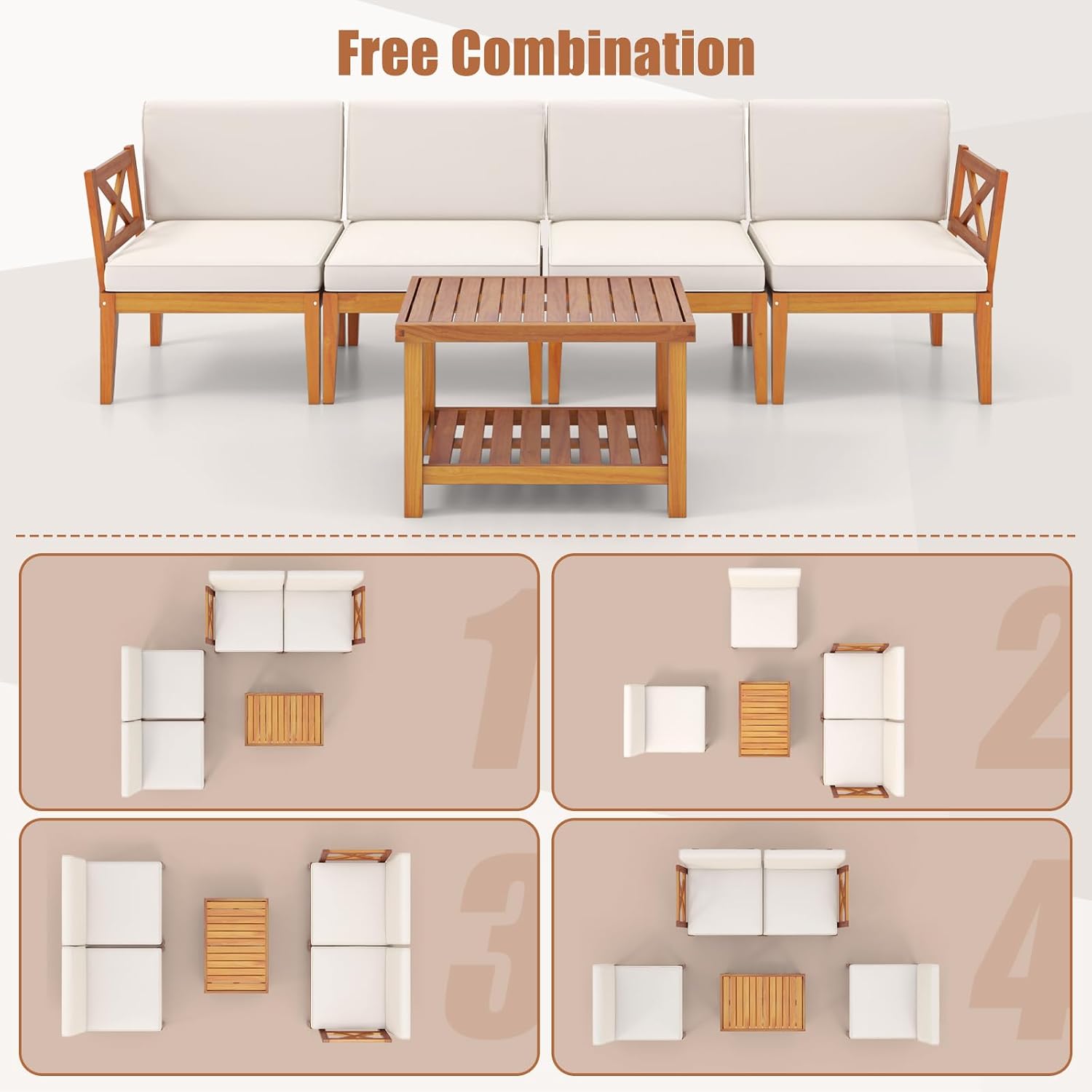 Tangkula 5 Pieces Acacia Wood Patio Furniture Set, Outdoor Sectional Conversation Set with Cushions and 2-Tier Coffee Table, Outdoor Bistro Furniture Set for Garden, Backyard and Poolside