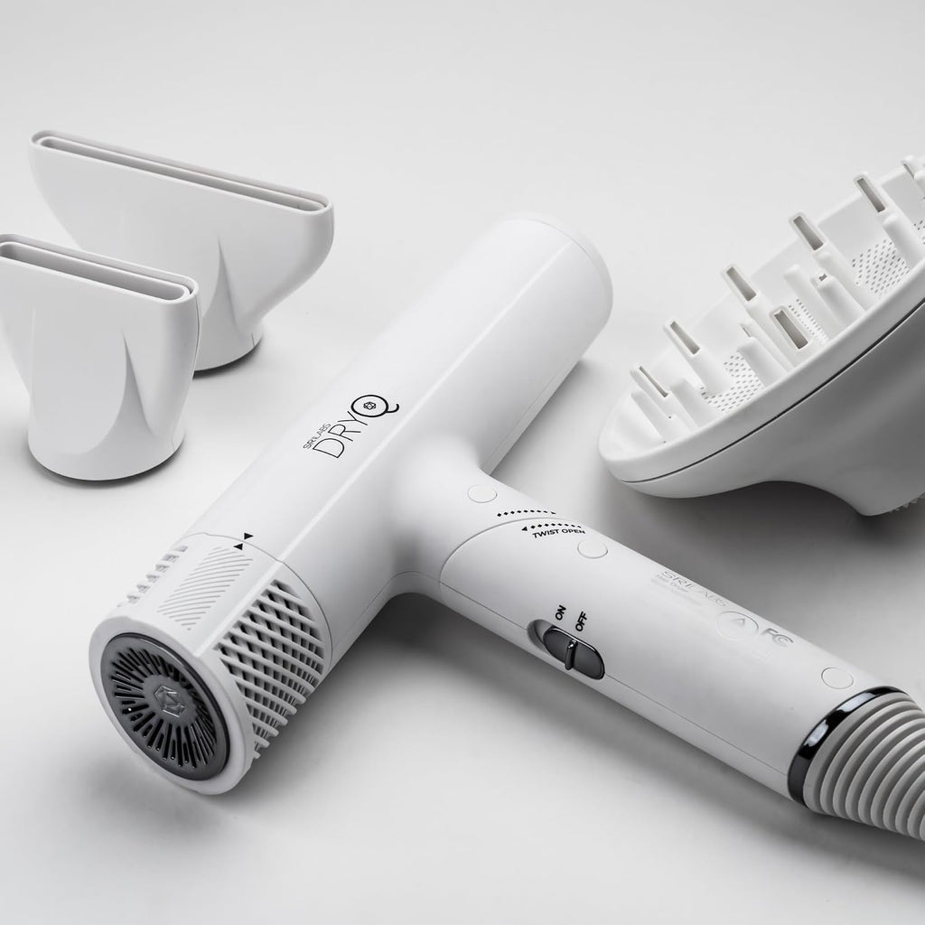 SRILabs DryQ 'Smart' Hair Dryer – White Edition – Super Lightweight, Foldable – Powerful, Quiet Motor – Infrared & Ionic Technology – 3 Magnetic Attachments – Heat Control with Locking Switch