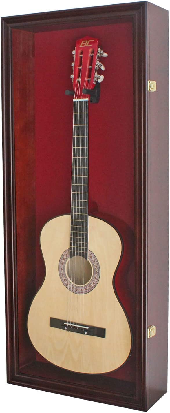 DisplayGifts 42' Electric Guitar Display Case Cabinet Shadow Box with Guitar Hanger Stand, Lockable UV Protection Red Felt Interior with Mahogany Finish Frame