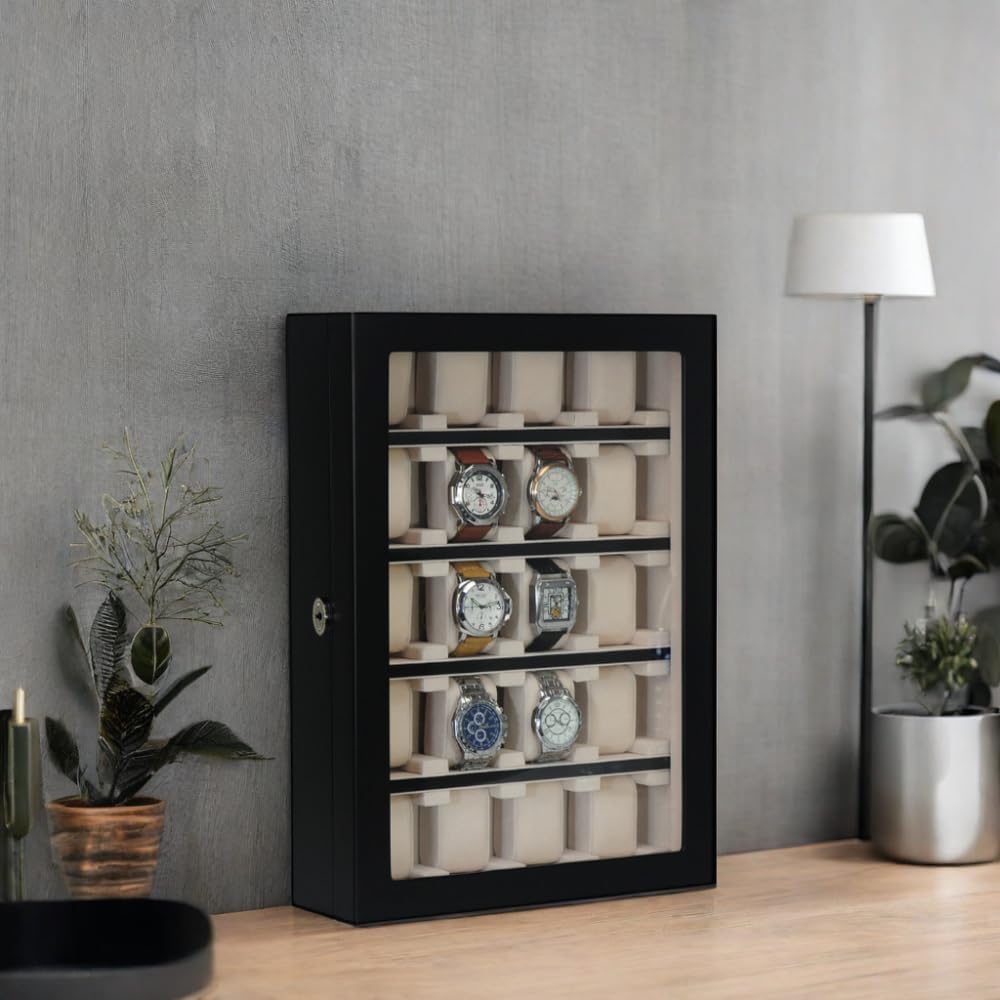 TIMELYBUYS 20 Piece Black Ebony Wood Watch Display Wall Hanging Case and Storage Organizer Box and Stand for Oversized Watches