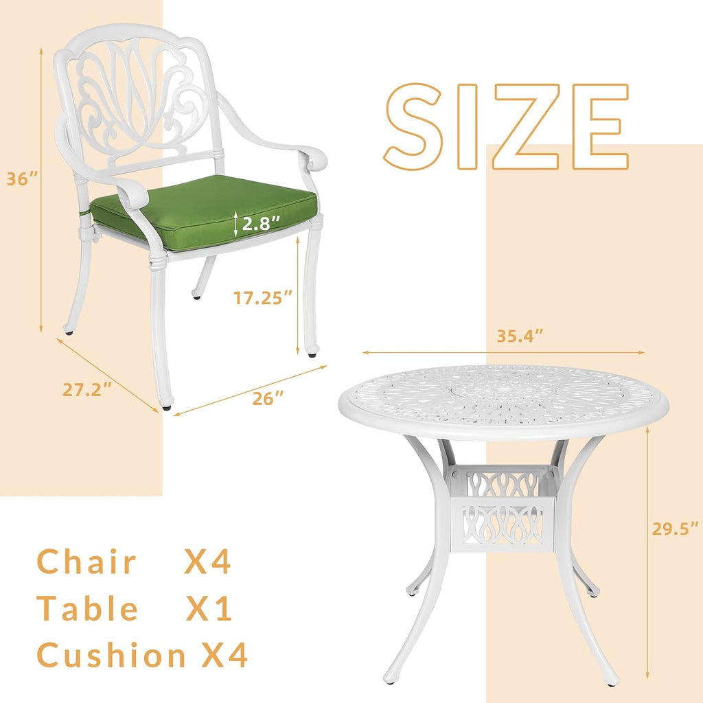 5-Piece Outdoor Patio Dining Set, All-Weather Cast Aluminum Patio Furniture Set for Backyard Garden Deck with 4 Chairs, 4 Cushions and 35.4' Round Table, 2.2' Umbrella Hole, White