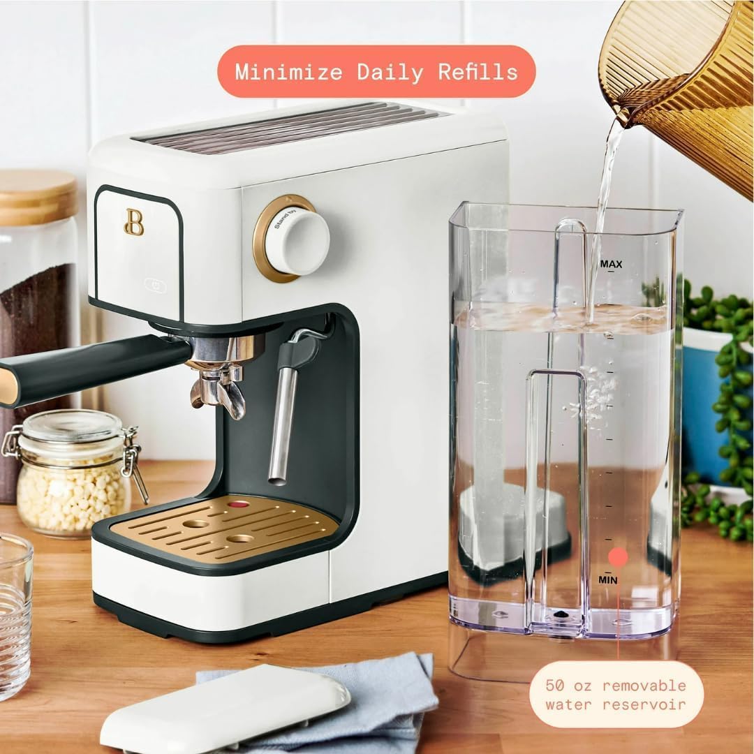 Slim Espresso Maker – 20‑Bar Pressure, Dual‑Spout 52 mm Portafilter, 50 oz Removable Tank, 2‑in‑1 Steam Wand & Touch Controls (White Icing)