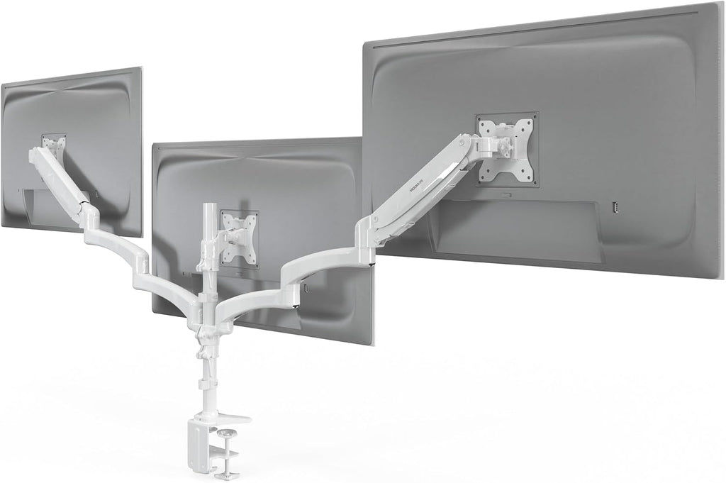 Mount-It! Triple Monitor Stand for Desk, 3 Arm Monitor Mount with Gas Spring Height Adjustment, Fits 13–32 Inch Screens up to 17.6 lbs per Arm, VESA 75x75 & 100x100, Clamp-On Desk Installation, White
