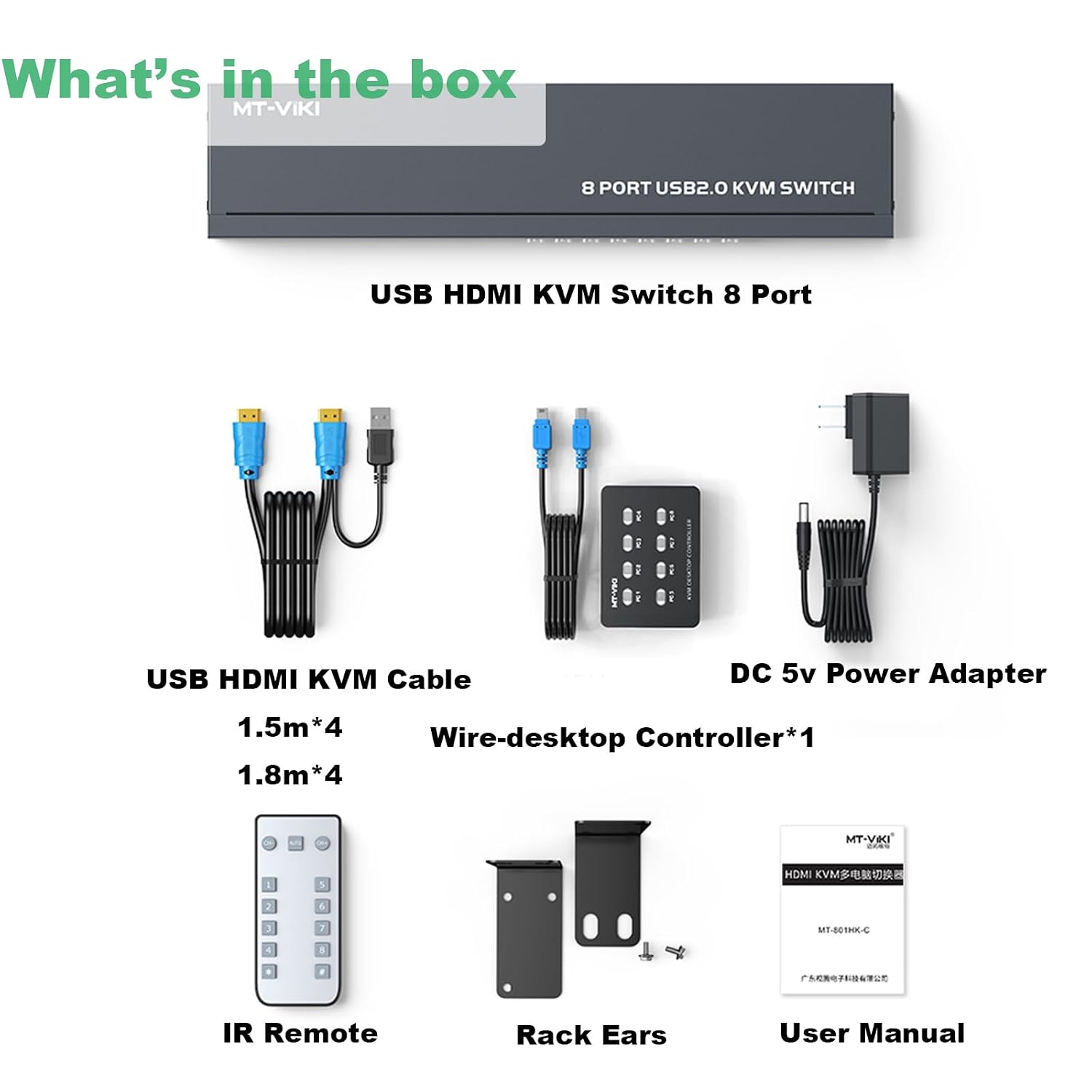 KVM Switch HDMI 8 Port, MT-VIKI 4K@30Hz USB HDMI KVM Switch 8 in 1 Out w/KVM Cables, 4 USB 2.0 Hubs Desktop Selector IR Remote & Rack Ears