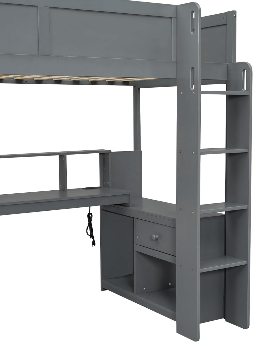Merax Loft Bed Twin Size with Gaming Desk, Mulfunctional Wood Loft Bed with Storage Shelves, Drawer and Charging Station, for Teens Adults (Dark Grey)