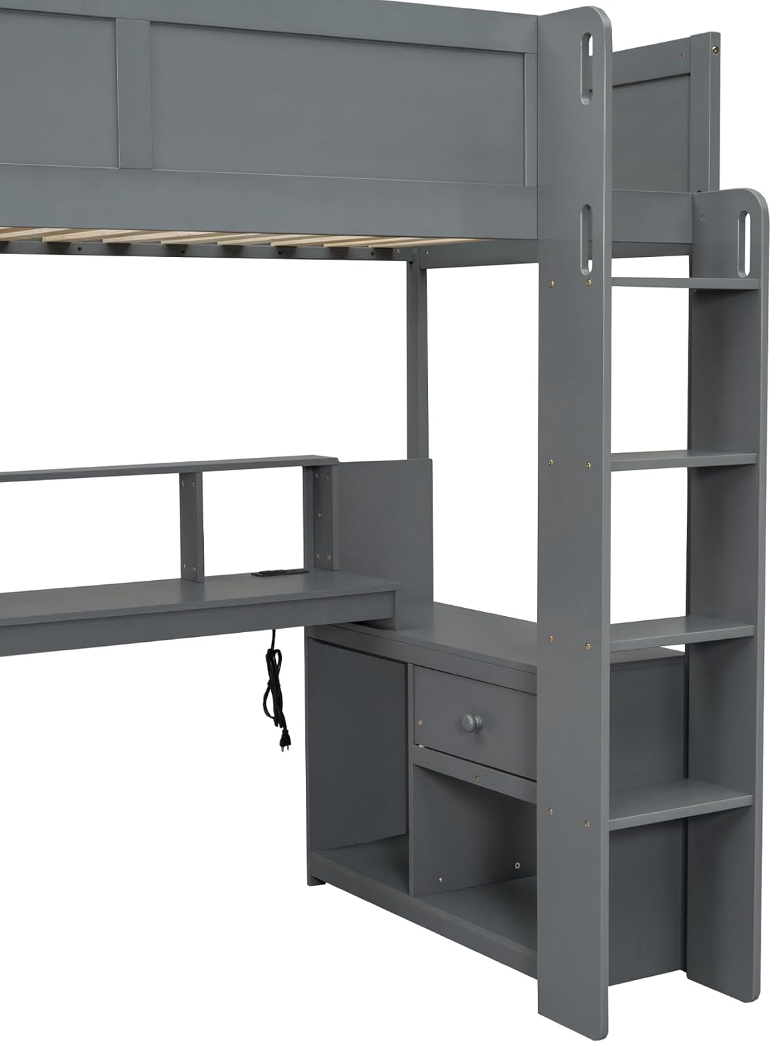 Merax Loft Bed Twin Size with Gaming Desk, Mulfunctional Wood Loft Bed with Storage Shelves, Drawer and Charging Station, for Teens Adults (Dark Grey)