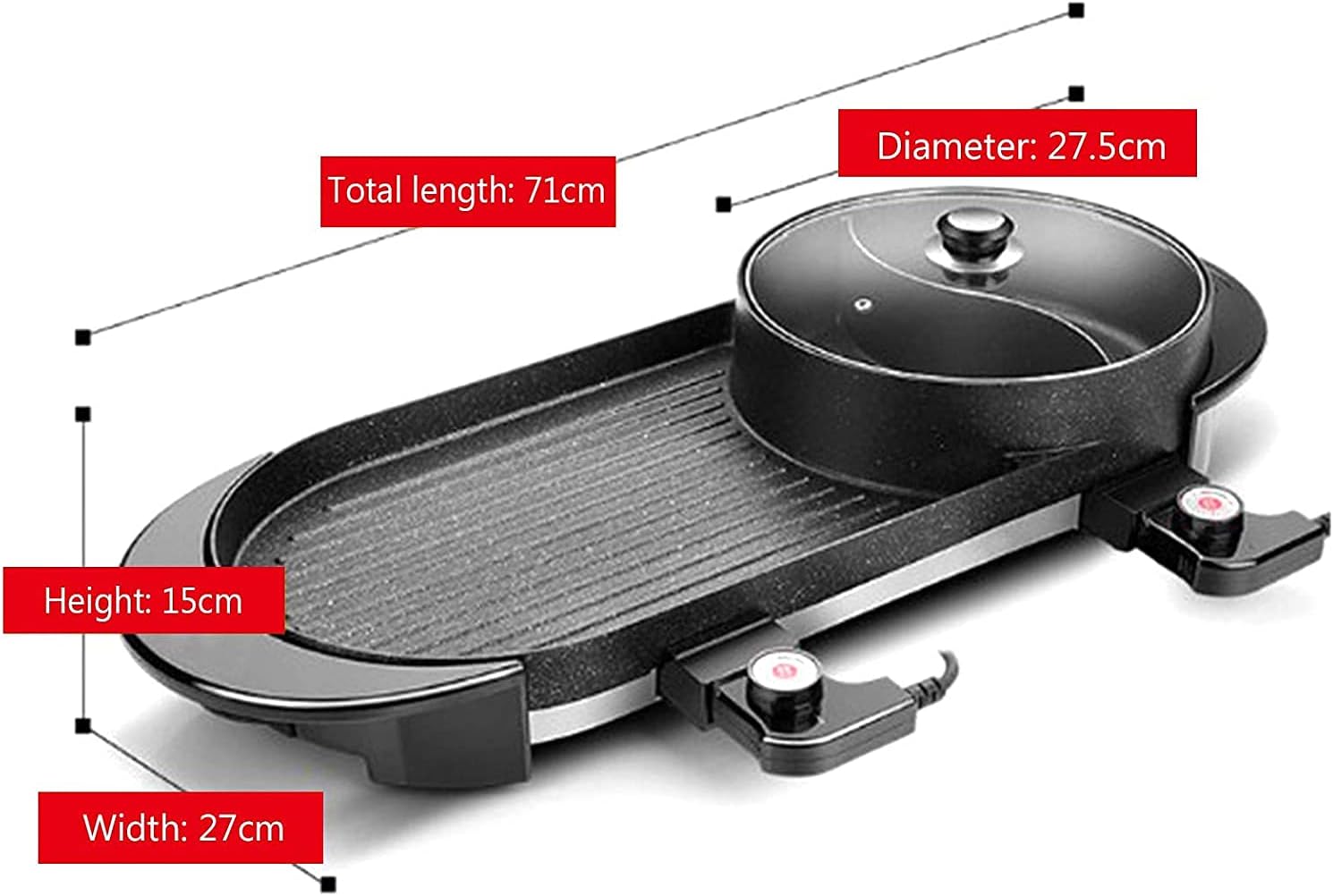 Portable Electric Grill,2 in 1 Electric BBQ Hot Pot Dual Pot,Multifunctional Non-Stick Pan Electric Cooker with 5 Temperature Adjustments
