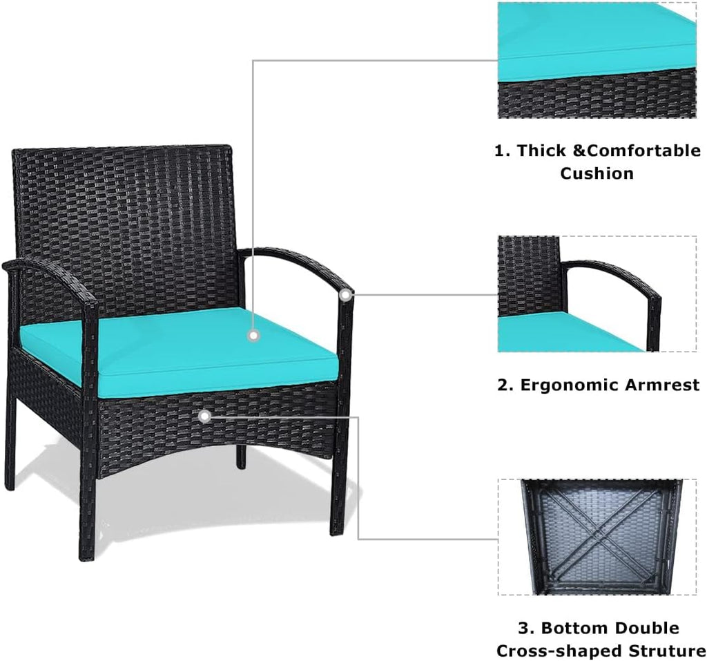 HAPPYGRILL 3 Pieces Patio Furniture Conversation Set, Outdoor Rattan Wicker Bistro Set with Glass Coffee Table & Soft Cushions for Balcony Garden Poolside
