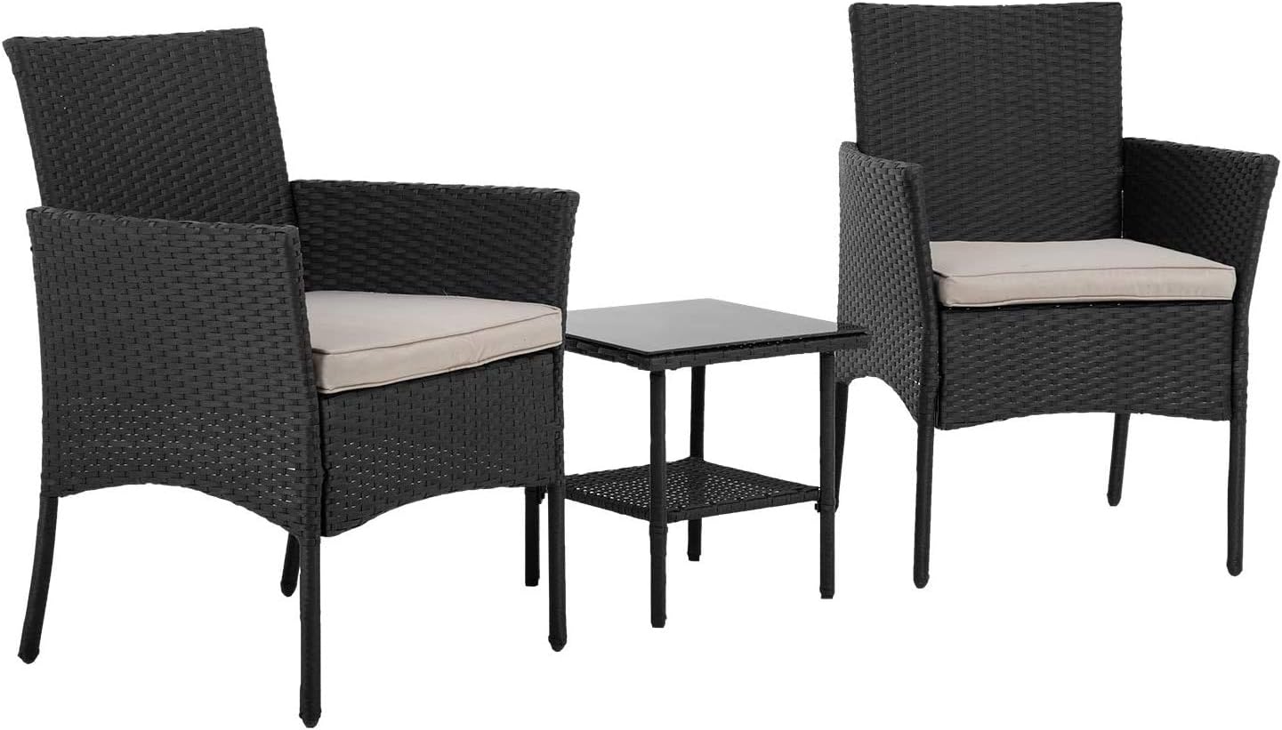 FDW Patio Furniture Sets,3 Pieces Outdoor Wicker Bistro Set Rattan Chair Conversation Sets with Coffee Table for Yard/Backyard Lawn Porch Poolside Balcony,Black