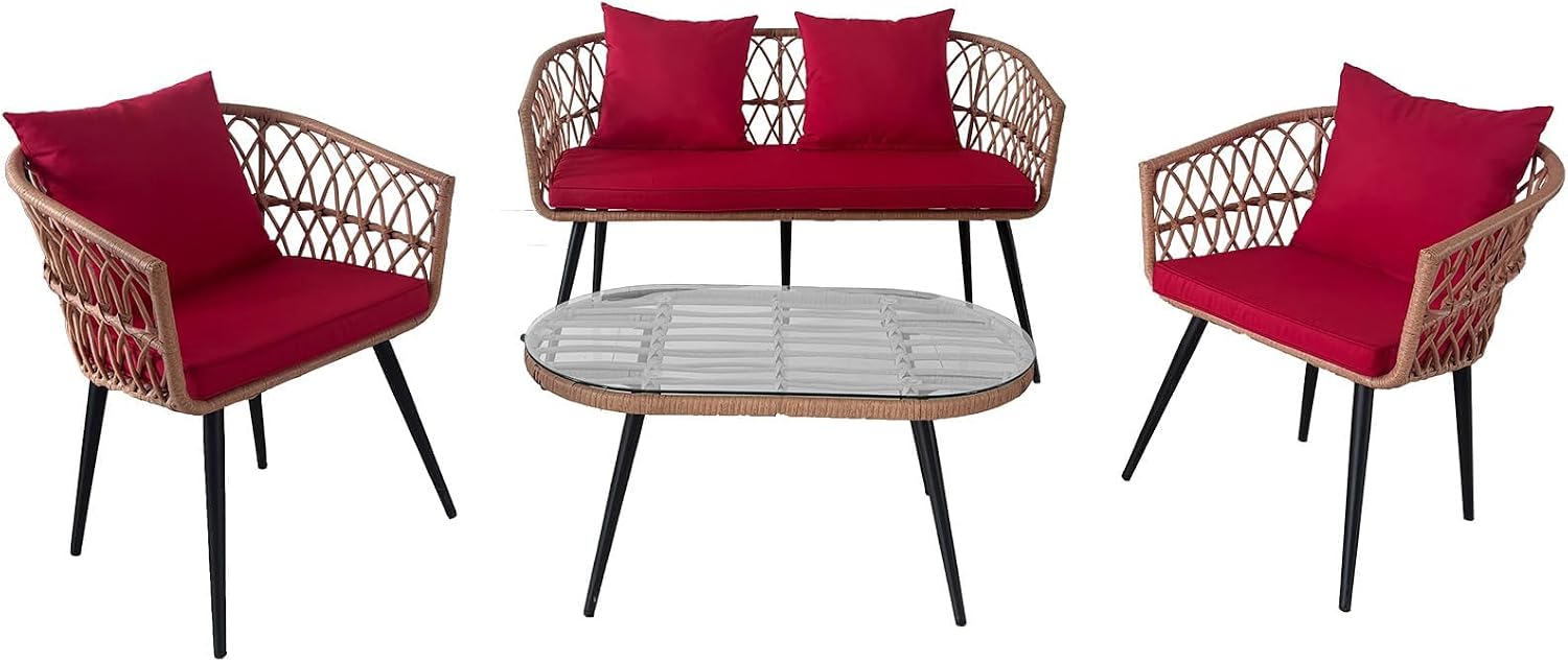 4 Piece Patio Furniture Set,Outdoor Conversation Set with Wicker Sofa, 2 Rattan Chairs and Glass Table, Patio Bistro Set with All Weather Cushions, for Garden, Porch, Backyard (Red)