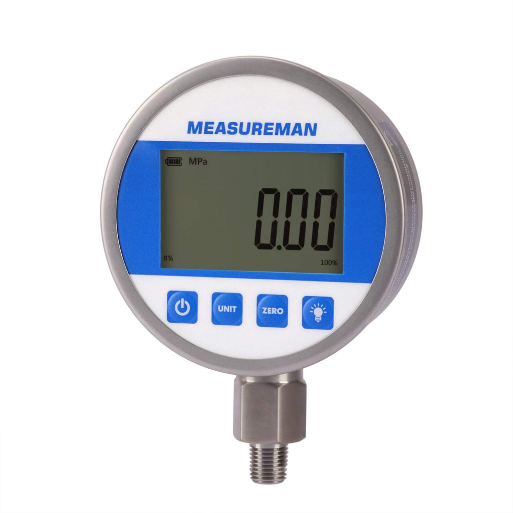 MEASUREMAN 4' dial, High Precision Hydraulic Industrial Digital Pressure Gauge 0-10000psi/bar, 1/4' NPT Lower, Stainless Steel Case and Connection, 0.4%,Battery and Micro USB Powered, with LED Light