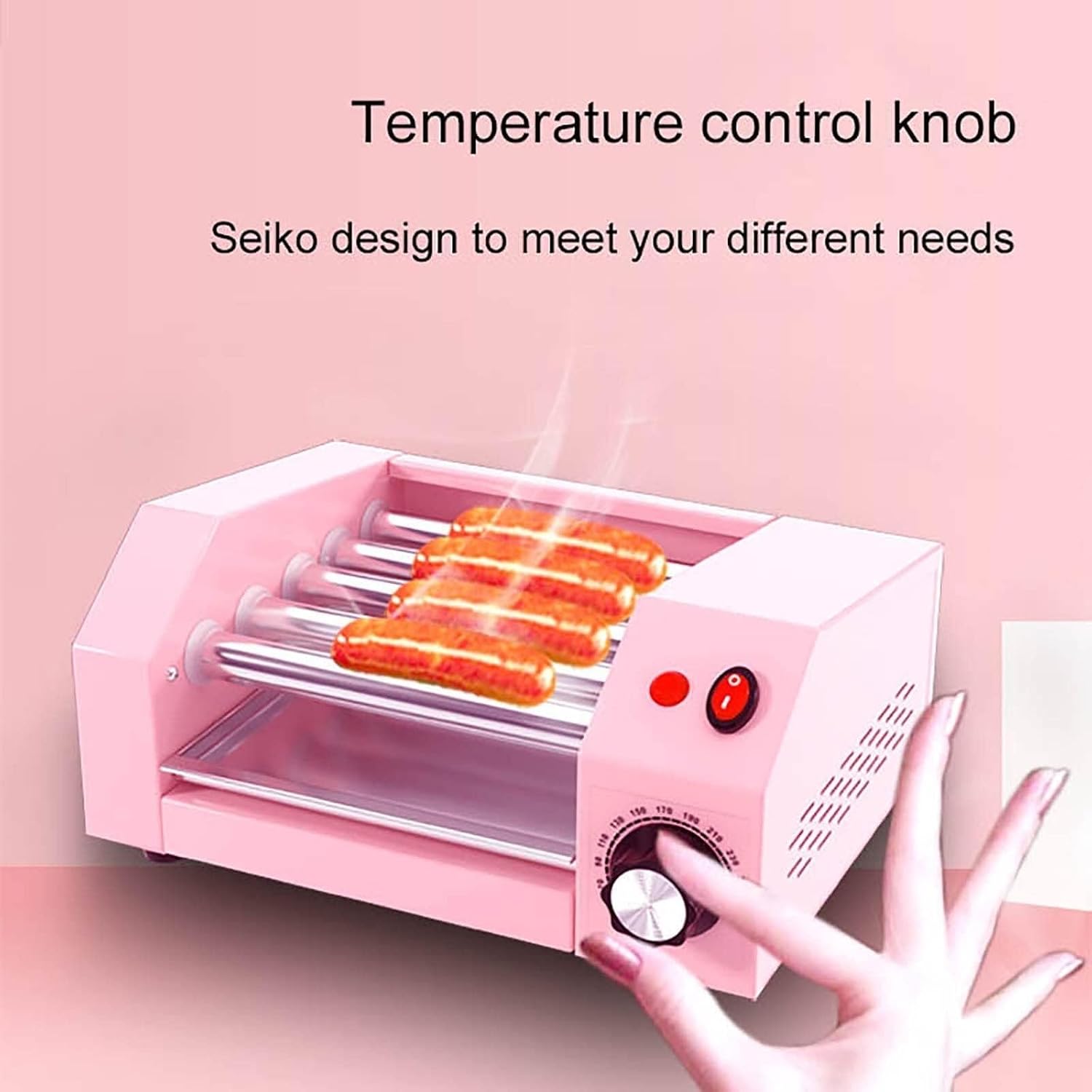 Tabletop hot dog roller machine, electric sausage and hot dog grill, sausage oven, 0-250 degree temperature control.(Pinks)