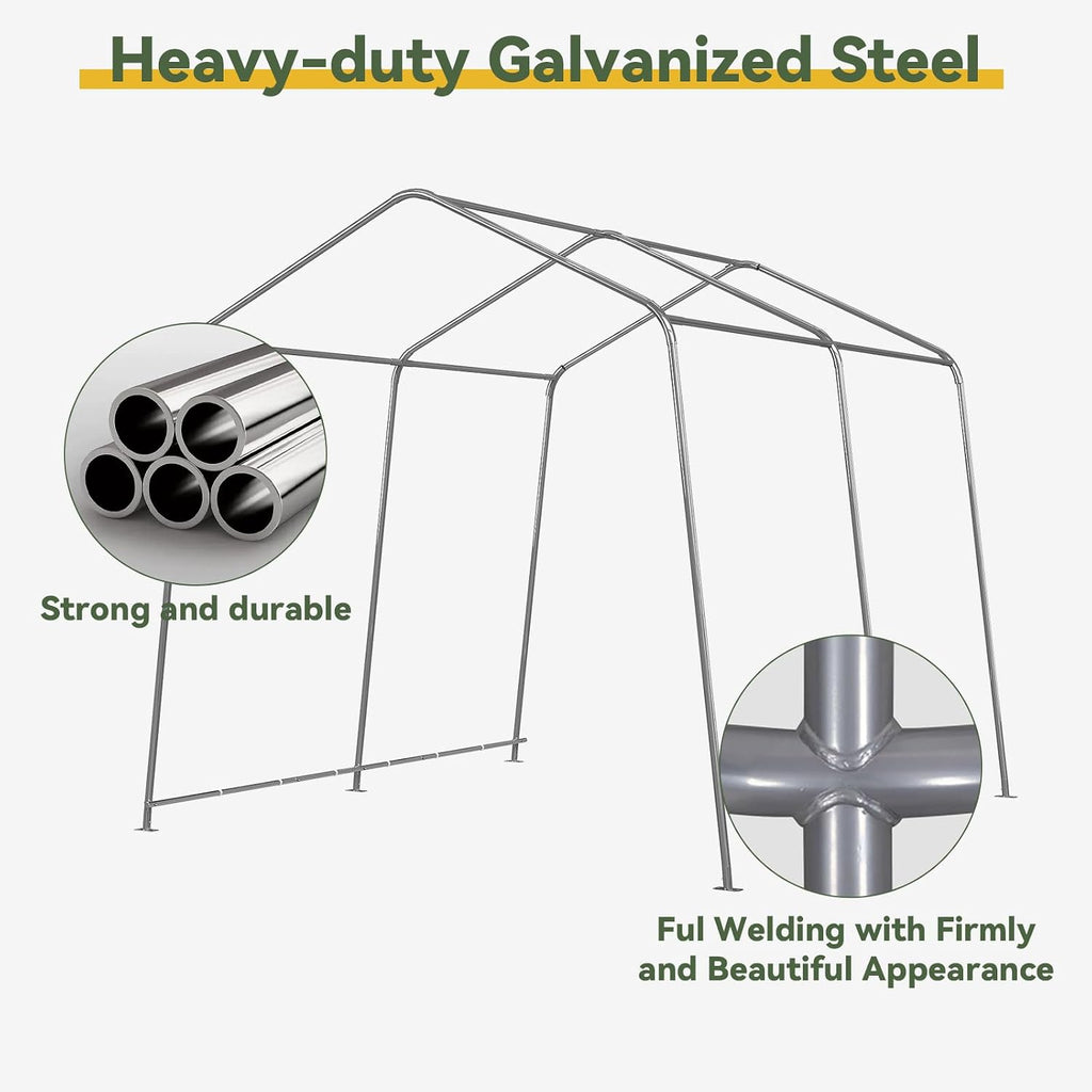 Aoxun 10x10 FT Outdoor Portable Storage Shed Tent with Roll-up Zipper Door and Window Portable Carport with Waterproof Tarp Galvanized Steel for Motorcycle, Generator, Bike Storage (Gray)