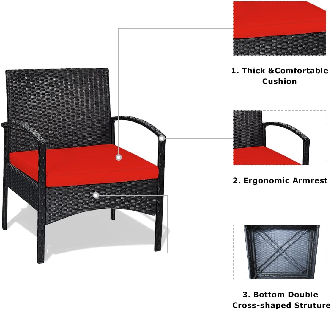 HAPPYGRILL 3 Pieces Patio Furniture Set Outdoor Conversation Set Rattan Wicker Bistro Set with Glass Coffee Table & Soft Cushions for Balcony Garden Poolside