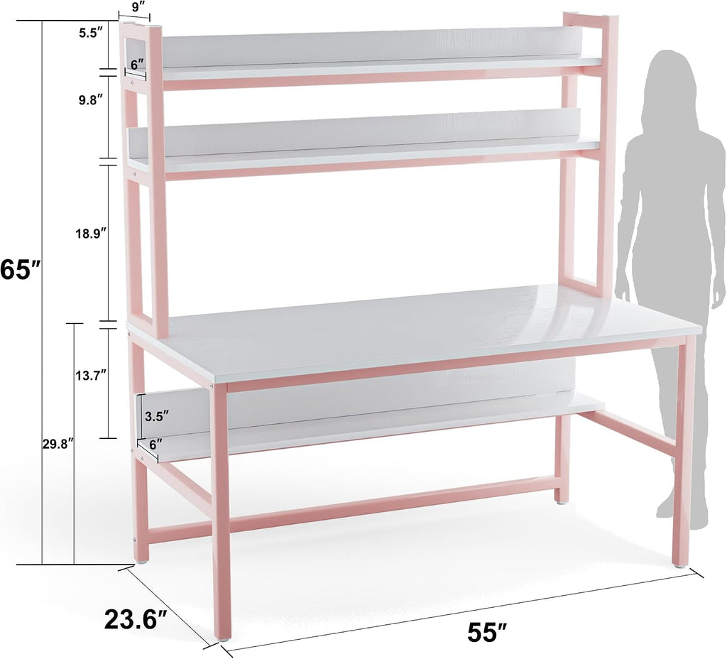 Aquzee Pink Girls Desk with Hutch, 55in Computer Desk with Bookshelf for Teens Adults, Craft Table for Bedroom Kids Room, White Pink Study Table with Shelves for Storage