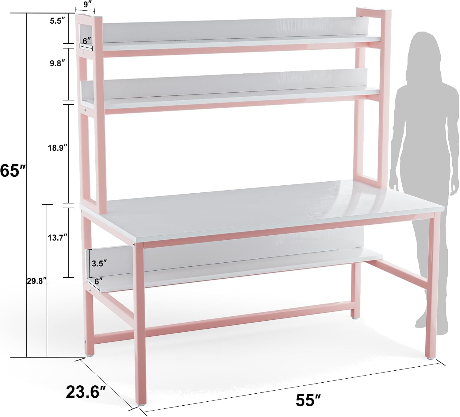 Aquzee Pink Girls Desk with Hutch, 55in Computer Desk with Bookshelf for Teens Adults, Craft Table for Bedroom Kids Room, White Pink Study Table with Shelves for Storage