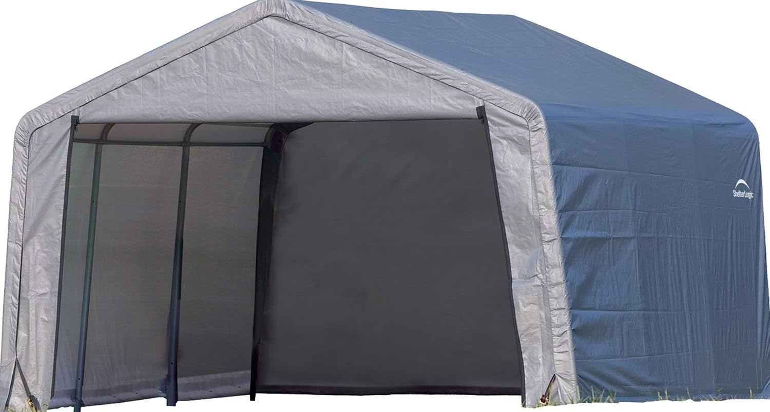 ShelterLogic Shed-in-a-Box All Season Steel Metal Peak Roof Outdoor Storage Shed with Waterproof Cover and Heavy Duty Reusable Auger Anchors 12' x 12'