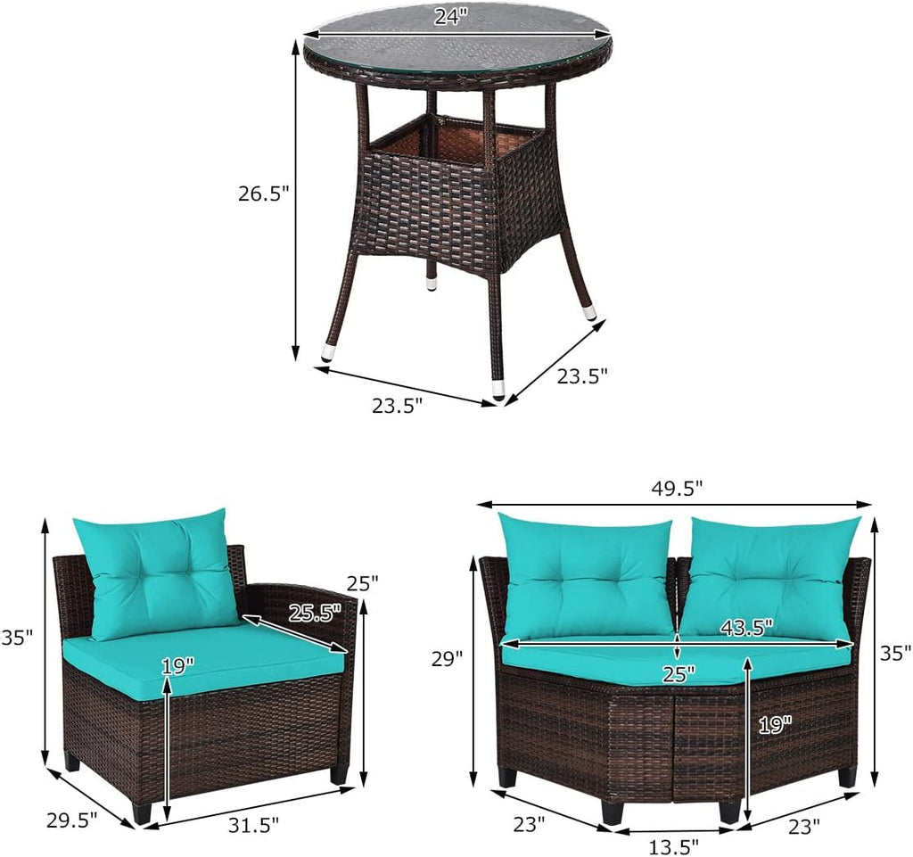 HAPPYGRILL 4 Pieces Patio Furniture Set Outdoor Rattan Wicker Conversation Set with Cushioned Sofas and Coffee Table, L-Shape Sectional Curved Sofa Set for Garden Poolside Balcony