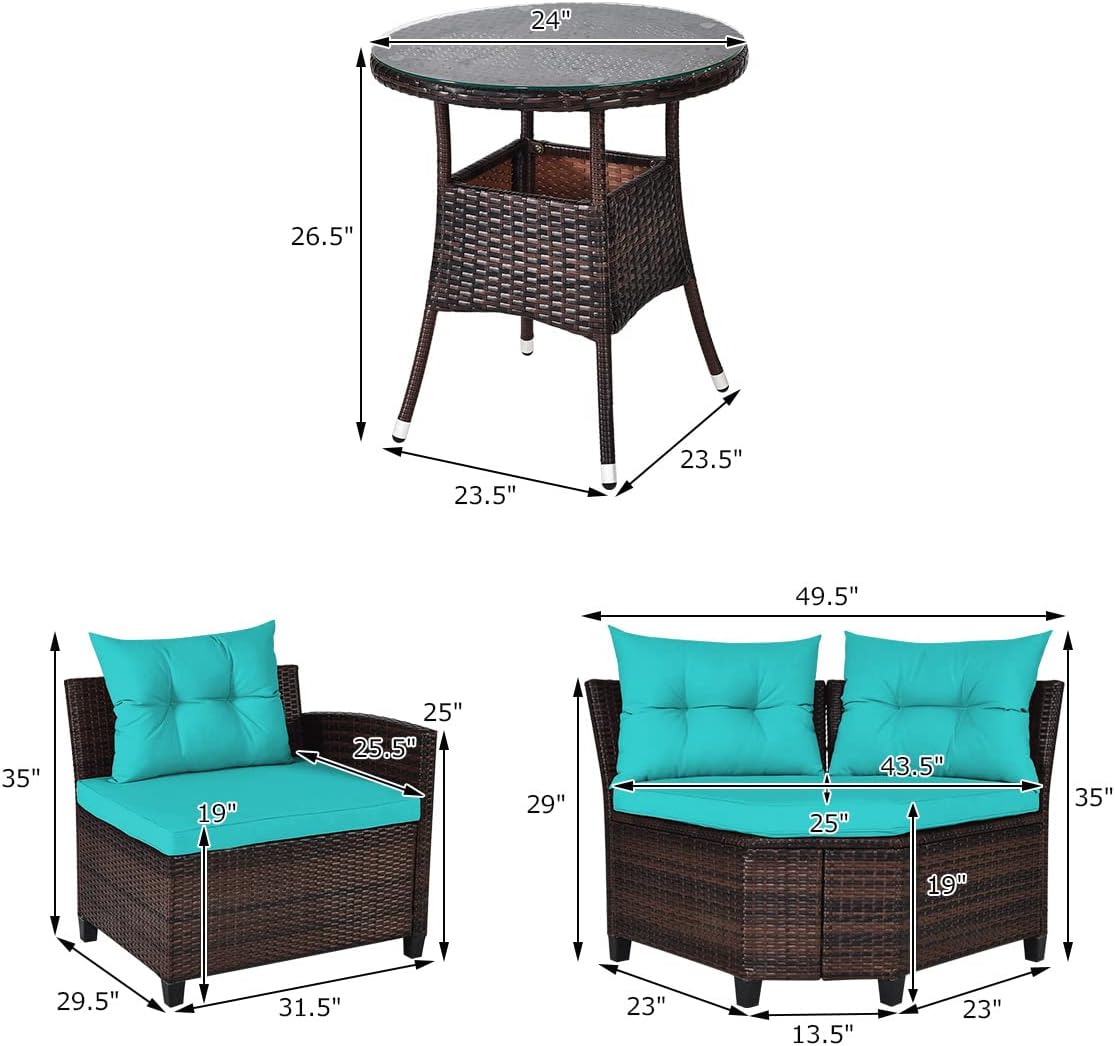 HAPPYGRILL 4 Pieces Patio Furniture Set Outdoor Rattan Wicker Conversation Set with Cushioned Sofas and Coffee Table, L-Shape Sectional Curved Sofa Set for Garden Poolside Balcony