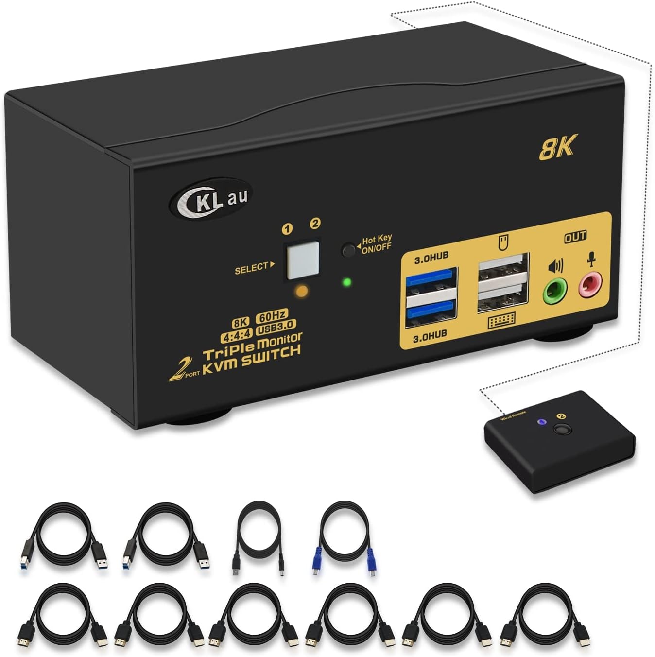 2 Port USB 3.0 Triple Monitor KVM Switch HDMI 2.1 8K@60Hz 4K@144Hz with Audio and All Input Cable for 2 Computers 3 Monitors Supports Hotkey Switching