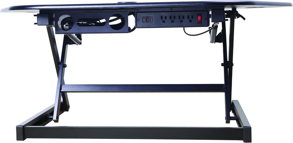 Rocelco 46' Height Adjustable Corner Standing Desk Converter with AC Outlet and USB Charger - Sit Stand Up Dual Monitor Tabletop Riser Workstation - Large Keyboard Tray - Black (R CADRB-46-ACUSB)
