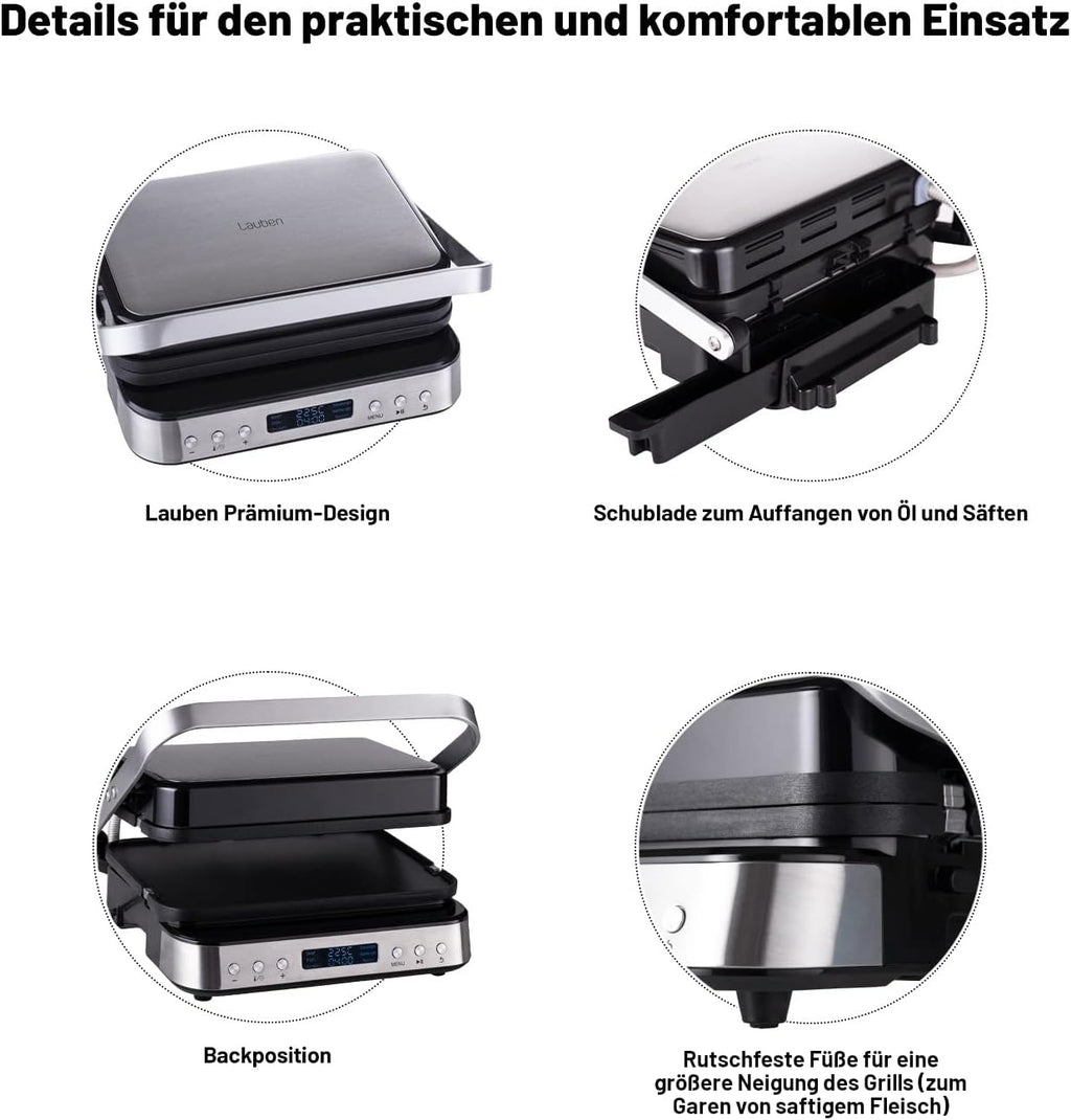 Lauben Contact Grill Deluxe 2000ST Table Contact Grill with 6 Automatic Programmes, Removable Plates, LED Display, Memory Function, Drip Tray, Dishwasher Safe