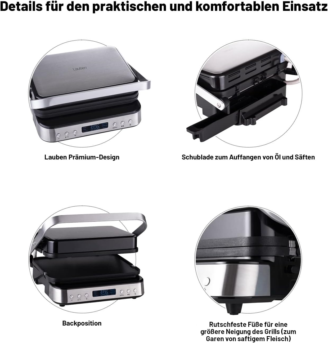Lauben Contact Grill Deluxe 2000ST Table Contact Grill with 6 Automatic Programmes, Removable Plates, LED Display, Memory Function, Drip Tray, Dishwasher Safe