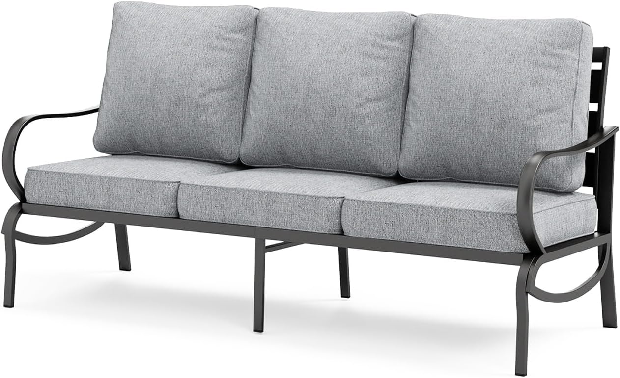 MFSTUDIO Metal Patio Furniture Sets, All-Weather Steel Frame Outdoor Conversation Set Patio Sofa Set with 3-Seats for Garden, Backyard(Grey Cushion)