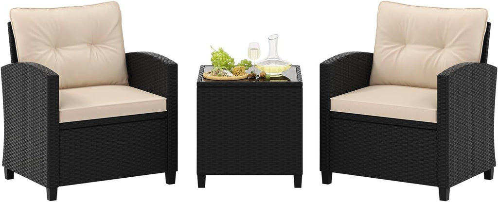 Tangkula 3 Piece Patio Furniture Set, Rattan Conversation Set w/Soft Seat & Back Cushions, Tempered Glass Topped Coffee Table, Cushioned Wicker Seating Set for Backyard, Porch, Poolside (Beige)