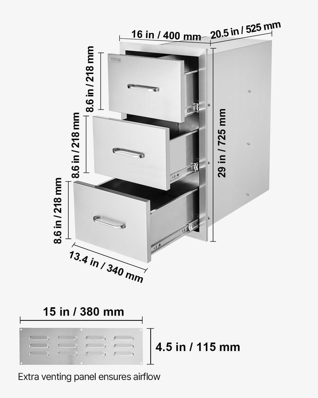 VEVOR Outdoor Kitchen Drawers 16' W x 28.5' H x 20.5' D, Flush Mount Triple Access BBQ Drawers with Stainless Steel Handle, BBQ Island Drawers for Outdoor Kitchens or BBQ Island Patio Grill Station