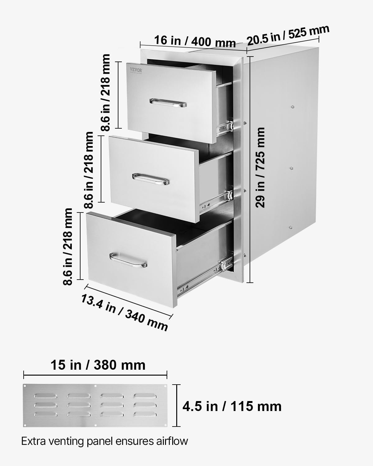 VEVOR Outdoor Kitchen Drawers 16' W x 28.5' H x 20.5' D, Flush Mount Triple Access BBQ Drawers with Stainless Steel Handle, BBQ Island Drawers for Outdoor Kitchens or BBQ Island Patio Grill Station