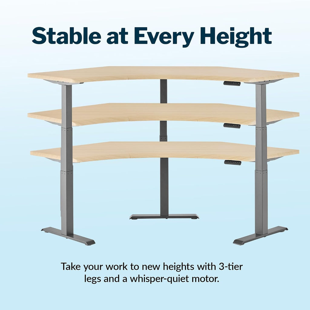 Vari Command Center Electric Standing Desk – 120° Curved Sit-Stand Gaming Desk Corner Workstation for Triple Monitors + Sloped Front Edge, 4 Height Settings, 200 lb Capacity (Light Wood/Slate)