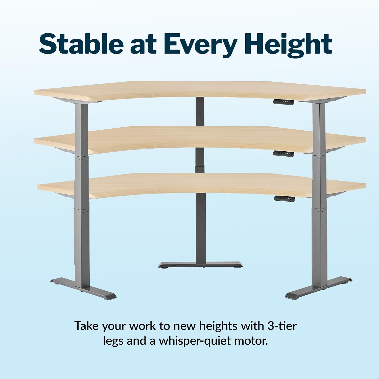 Vari Command Center Electric Standing Desk – 120° Curved Sit-Stand Gaming Desk Corner Workstation for Triple Monitors + Sloped Front Edge, 4 Height Settings, 200 lb Capacity (Light Wood/Slate)