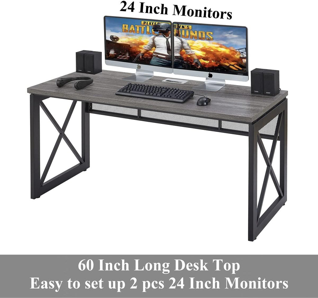 BON AUGURE Industrial Computer Desk, Rustic Wood Desks for Home Office, Sturdy Metal Writing Work Table (60 Inch, Dark Grey Oak)