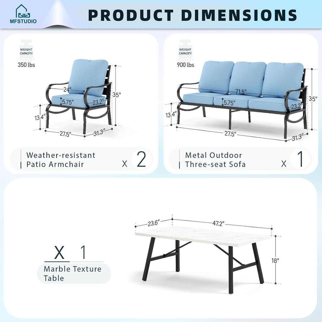 MFSTUDIO 4 Pieces Patio Conversation Sets(5 Seat),Outdoor Metal Furniture Sofas with 1 Loveseat(3 Seat), 2 Single Chairs,1 Coffee Table,Wrought Iron with Blue Cushion for Patio Courtyard Balcony