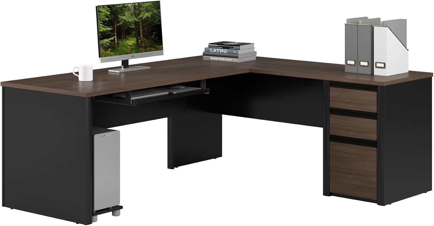 Bestar L Shaped Desk with Drawers and Keyboard Tray, Executive Workstation for Home or Professional Office, 72 Inches, Connexion Collection, Antigua and Black