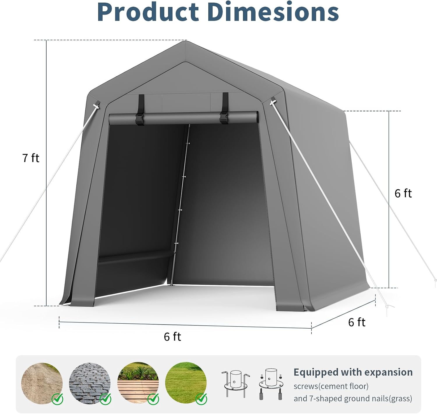 Garvee 6 ft x6 ft Outdoor Portable Storage Shed, Waterproof & UV-Resistant Garage Shelter with 2 Roll-Up Zipper Doors, Anti-Snow Carport Tent for Motorcycle, Bike, and Outdoor Equipment, Gray