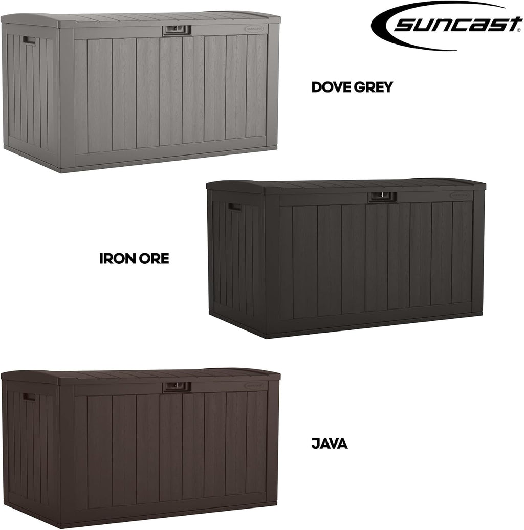 Suncast 134-Gal. Resin Extra-Large Outdoor Patio Deck Box with Pad-Lockable Lid, Modern Outdoor Patio Bench/Storage Box for Cushions, Garden Tools, and More, Dove Gray