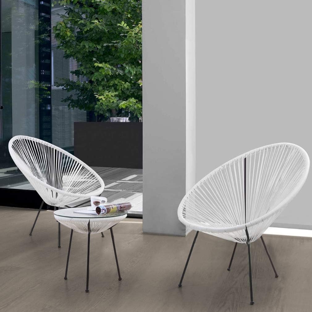 FDW Patio Bistro Set Bistro Table Set Acapulco Chairs Outdoor Chairs Set of 2 All-Weather Hammock Weave Chair Set of 2 and Glass Top Side Table Small Patio Furniture Set, White